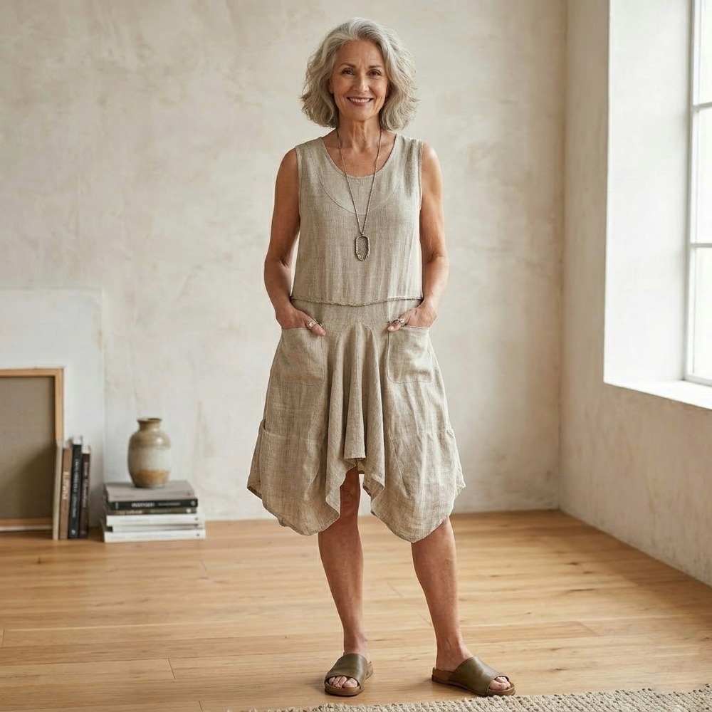 Tempo Paris | Beige 100% Linen Lagenlook Asymmetrical Midi Dress Size M